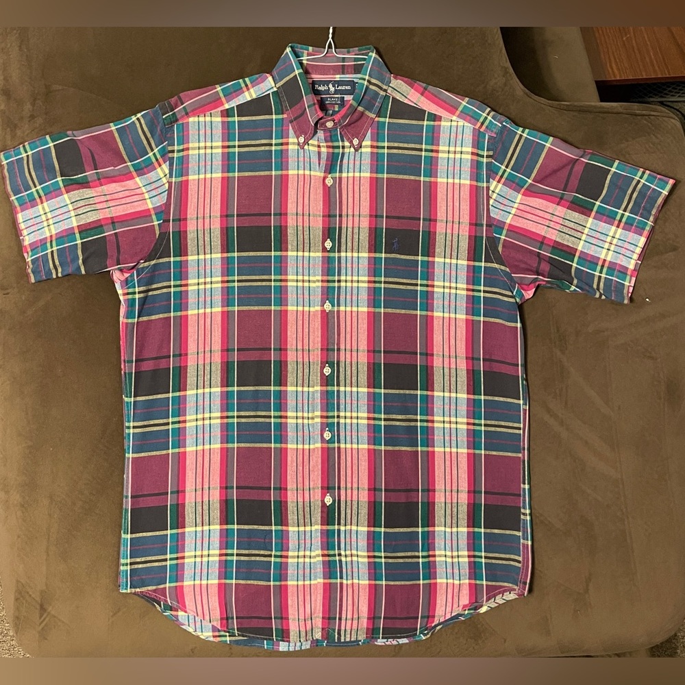 Vintage Ralph Lauren Blake Pink Green Plaid Short Sleeve Button Down Shirt M